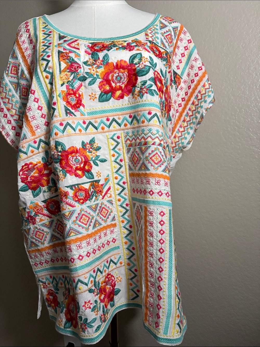 Savanna Jane White Tunic with Coral, Teal & Yellow Embroidery